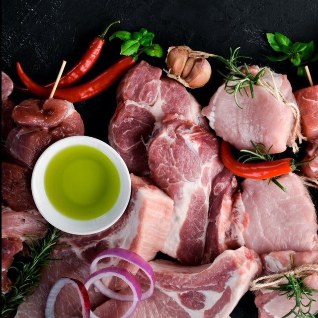 A Display of meat on a neutral background