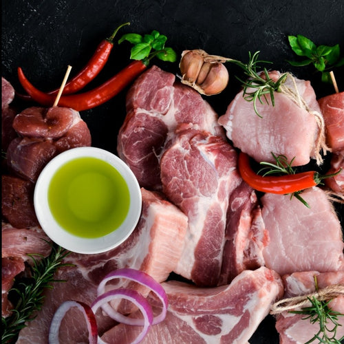 A Display of meat on a neutral background
