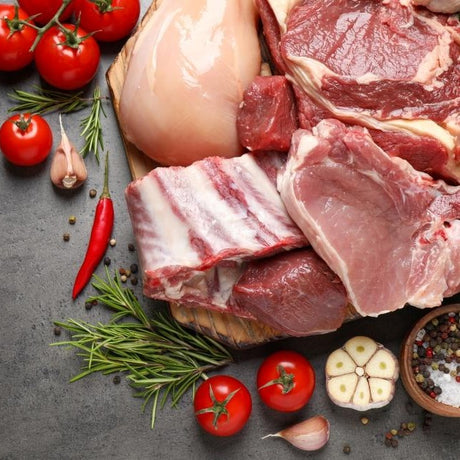 A Display of meat on a neutral background